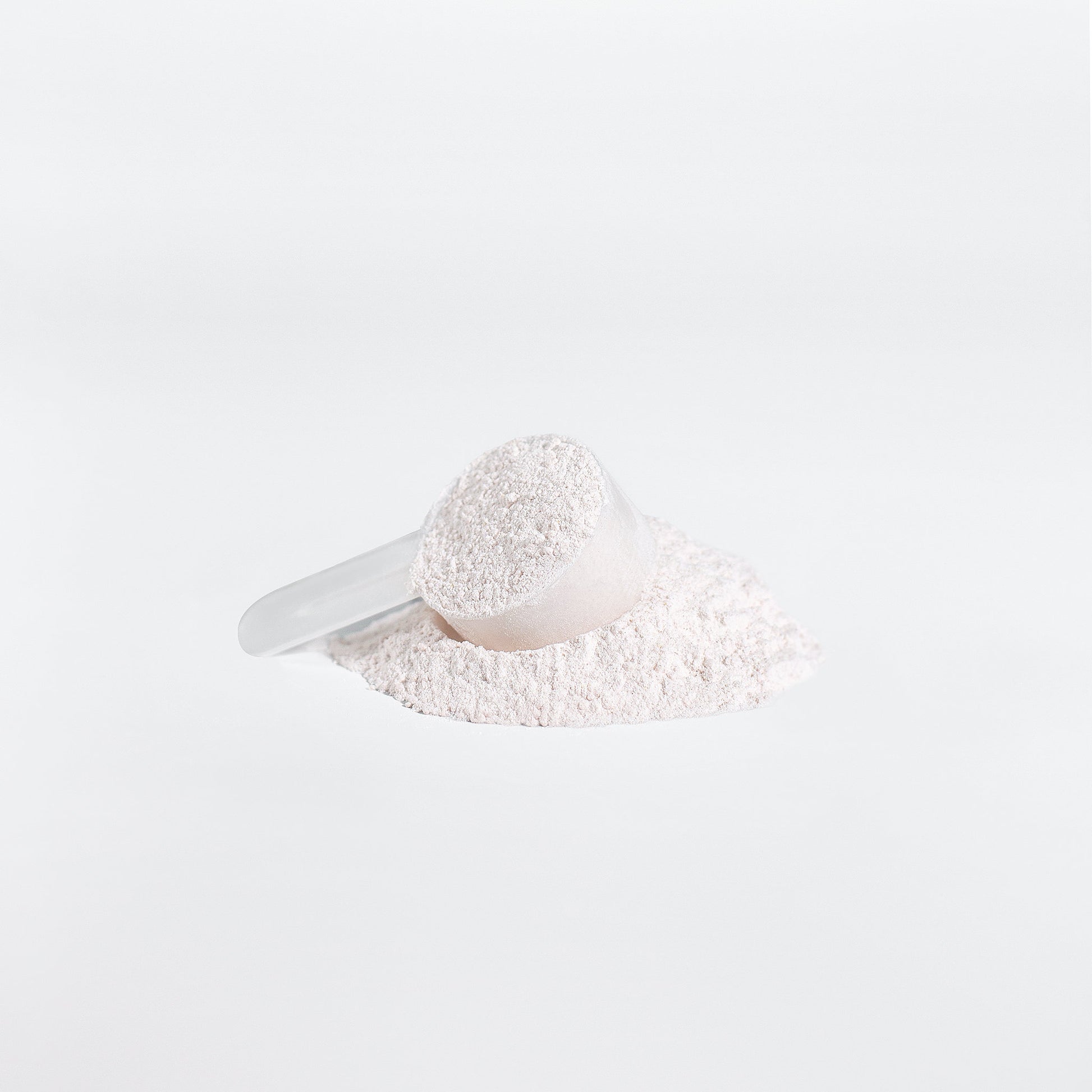 White scoop filled with white powder on a light gray background