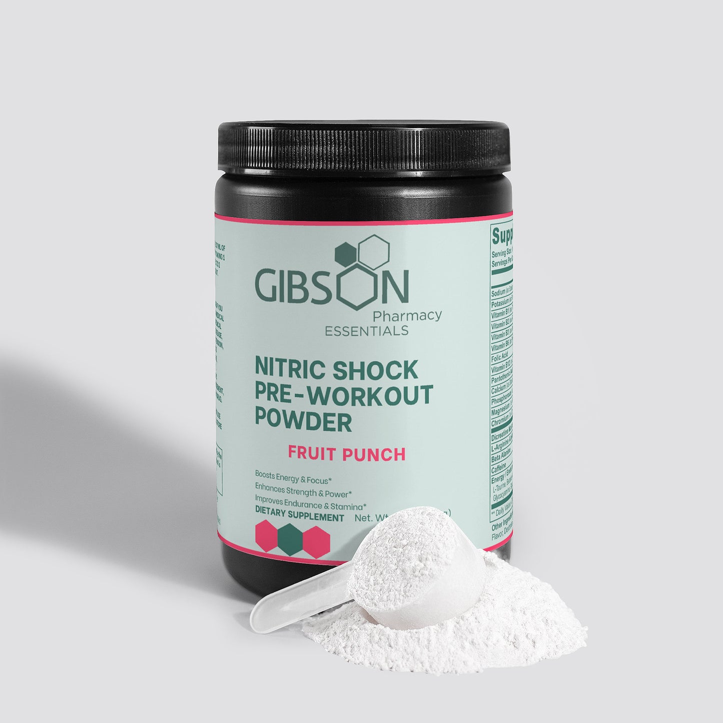 Gibson Pharmacy Essentials Nitric Shock pre-workout powder container with scoop of powder on a light gray background