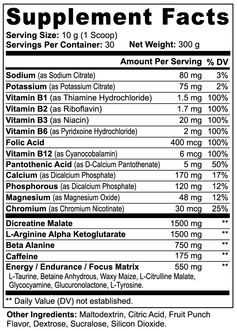 BCAA Shock Powder Fruit Punch supplement facts label showing vitamins, minerals, and amino acid blend.